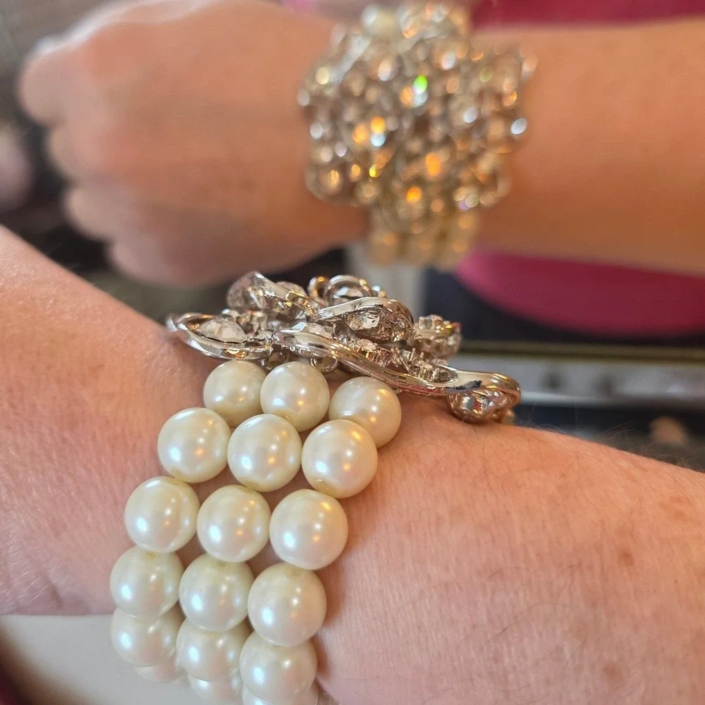 Glam Faux Pearl & Rhinestone 3 Strand Stretch Bracelet - Statement‎ Jewelry